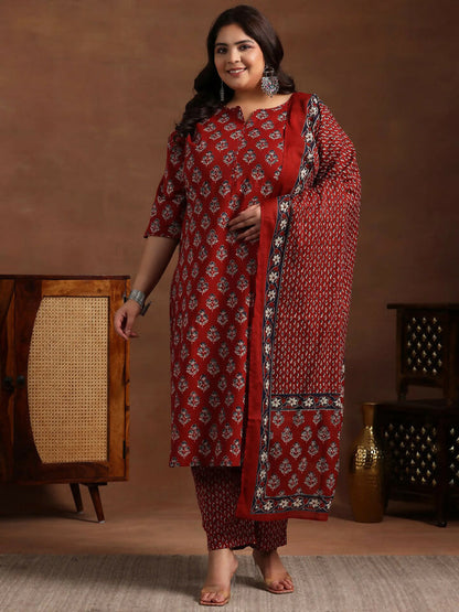 Women's LB Plus Size Rust Printed Cotton Straight Suit With Dupatta