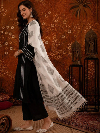 Striped Round Neck Straight Kurta With Palazzos & Dupatta