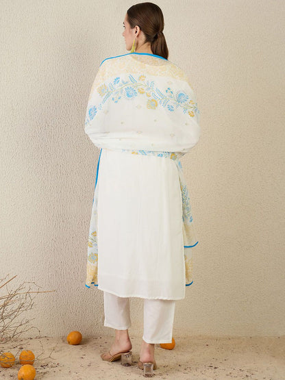 Women Floral Embroidered Cotton Kurta with Trousers & Dupatta