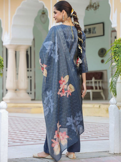 Dhiyona RR Women's Floral Printed Regular Thread Work Pure Cotton Kurta with Trousers & With Dupatta