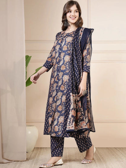 Women Floral Printed Regular Pure Cotton Kurta with Trousers & With Dupatta