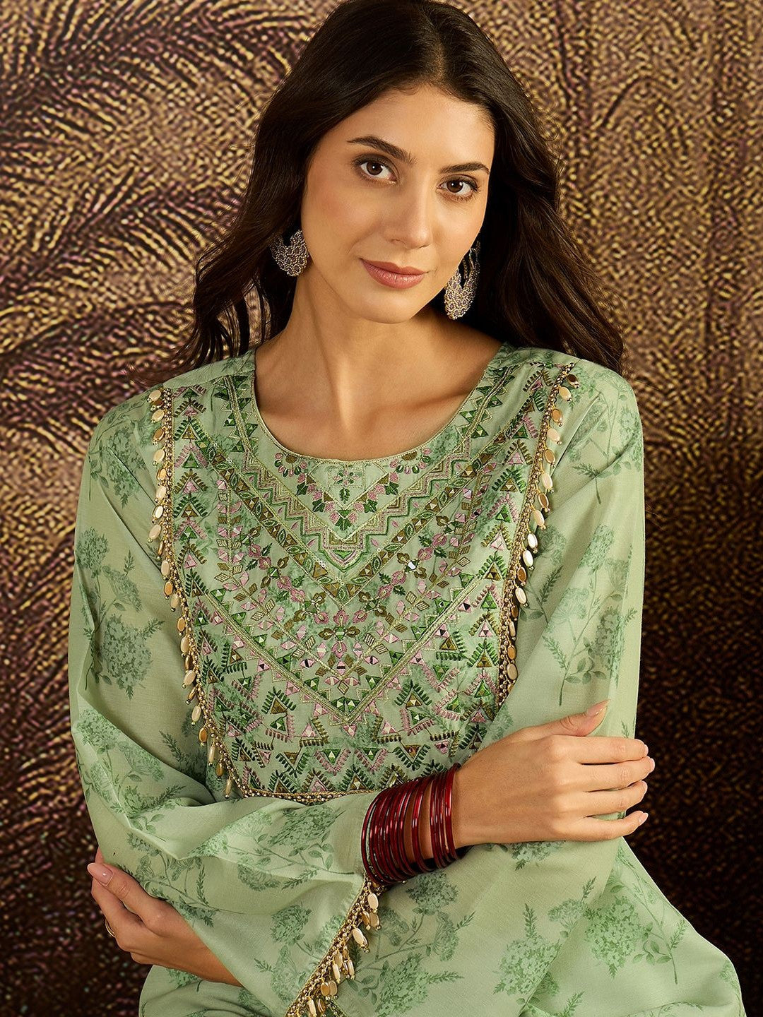 Women Floral Embroidered Regular Beads and Stones Kurta with Sharara Kurta Sets