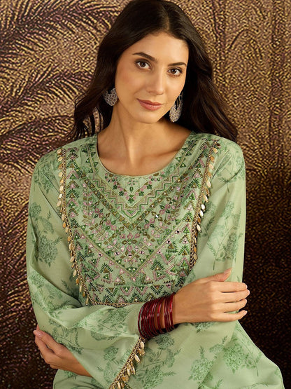 Women Floral Embroidered Regular Beads and Stones Kurta with Sharara Kurta Sets