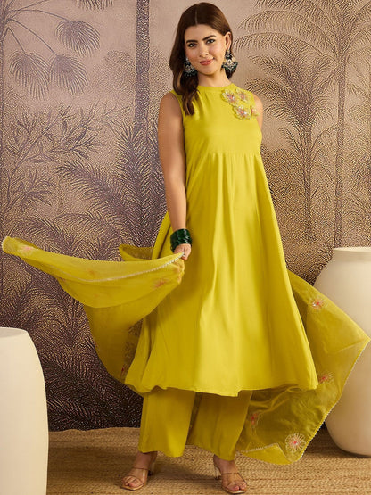 Embellished Round Neck Kurta & Palazzos With Dupatta