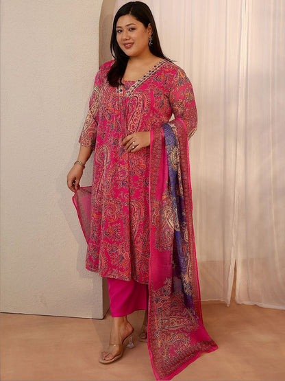 Dhiyona Women's Plus Size Paisley Printed Kurta with Trousers & Dupatta