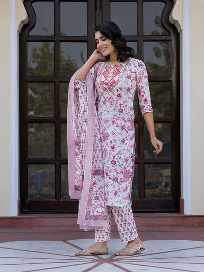 Dhiyona KL Women Paisley Regular Pure Cotton Kurta with Trousers & With Dupatta