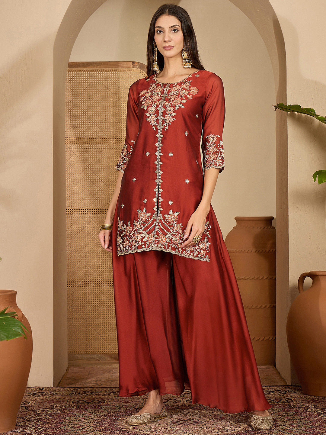 Embroidered Round Neck Straight Kurti & Sharara With Dupatta