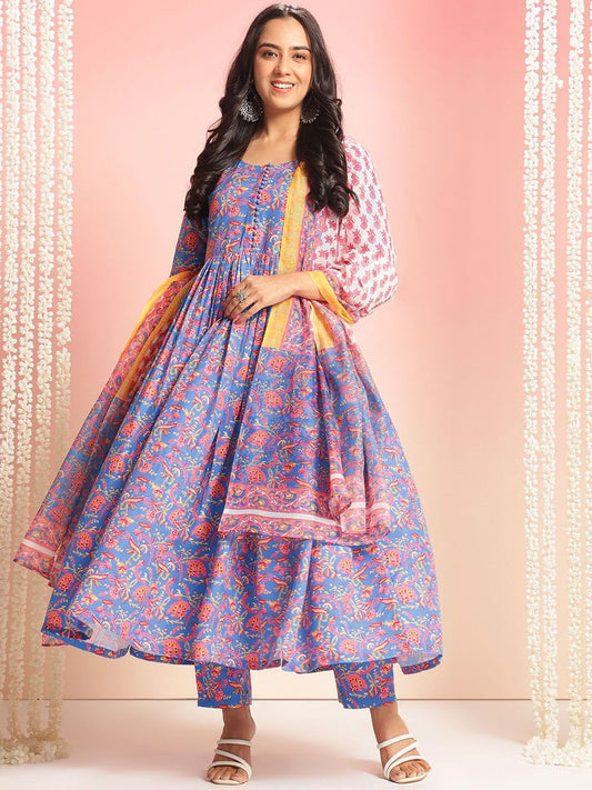 Dhiyona KL Women Floral Printed Pleated Kurta with Trousers & With Dupatta