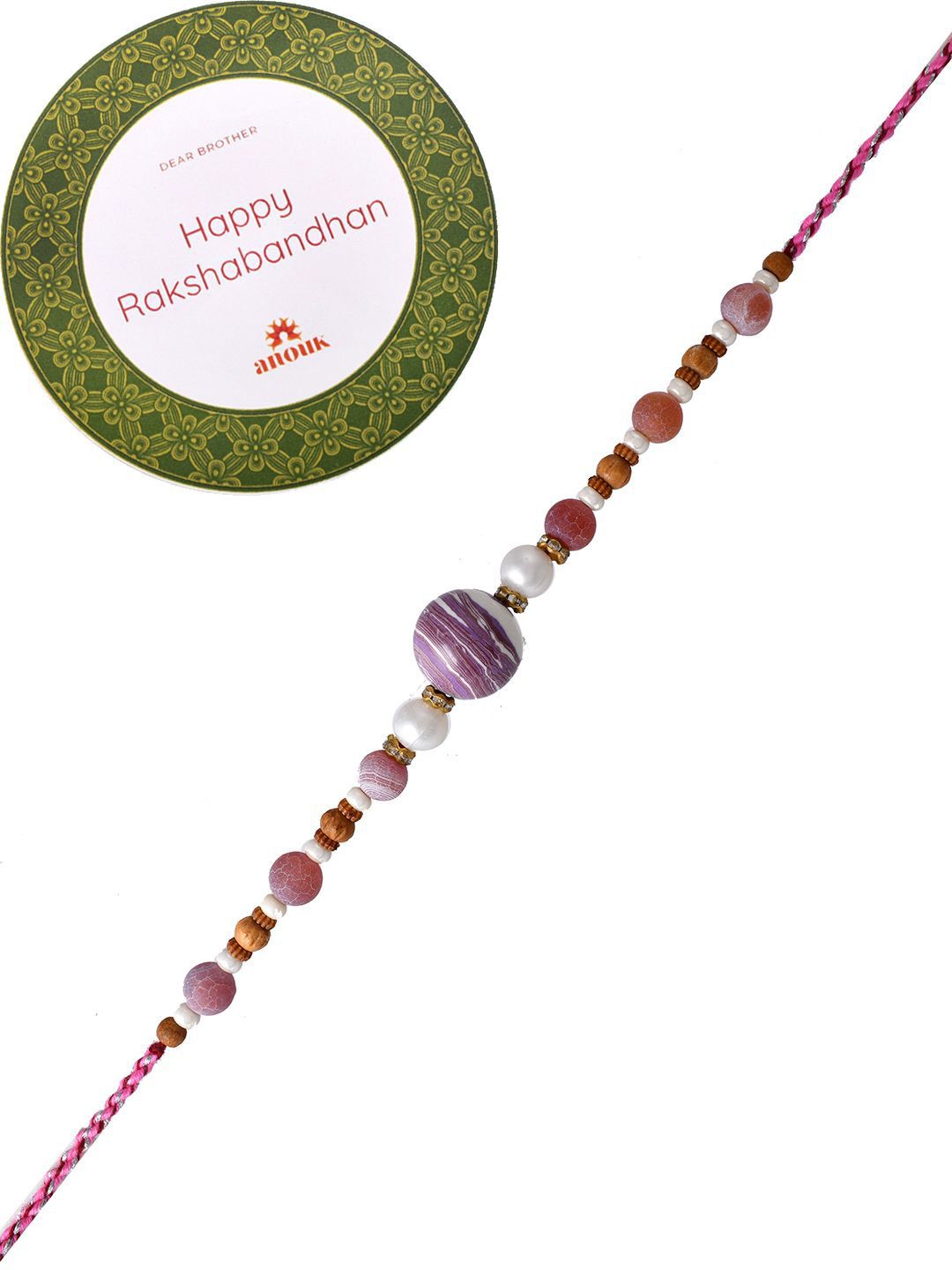 Dhiyona Brown Sapphire & Embellished Beaded Thread Rakhi With Roli Chawal & Greeting Card