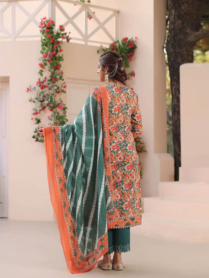 Dhiyona RR Women's Floral Printed Regular Pure Cotton Kurta with Trousers & With Dupatta
