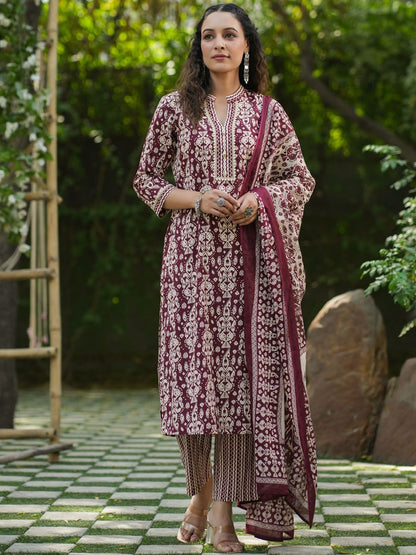 Dhiyona RR Women's Printed Gotta Patti Pure Cotton Straight Kurta With Trousers & Dupatta