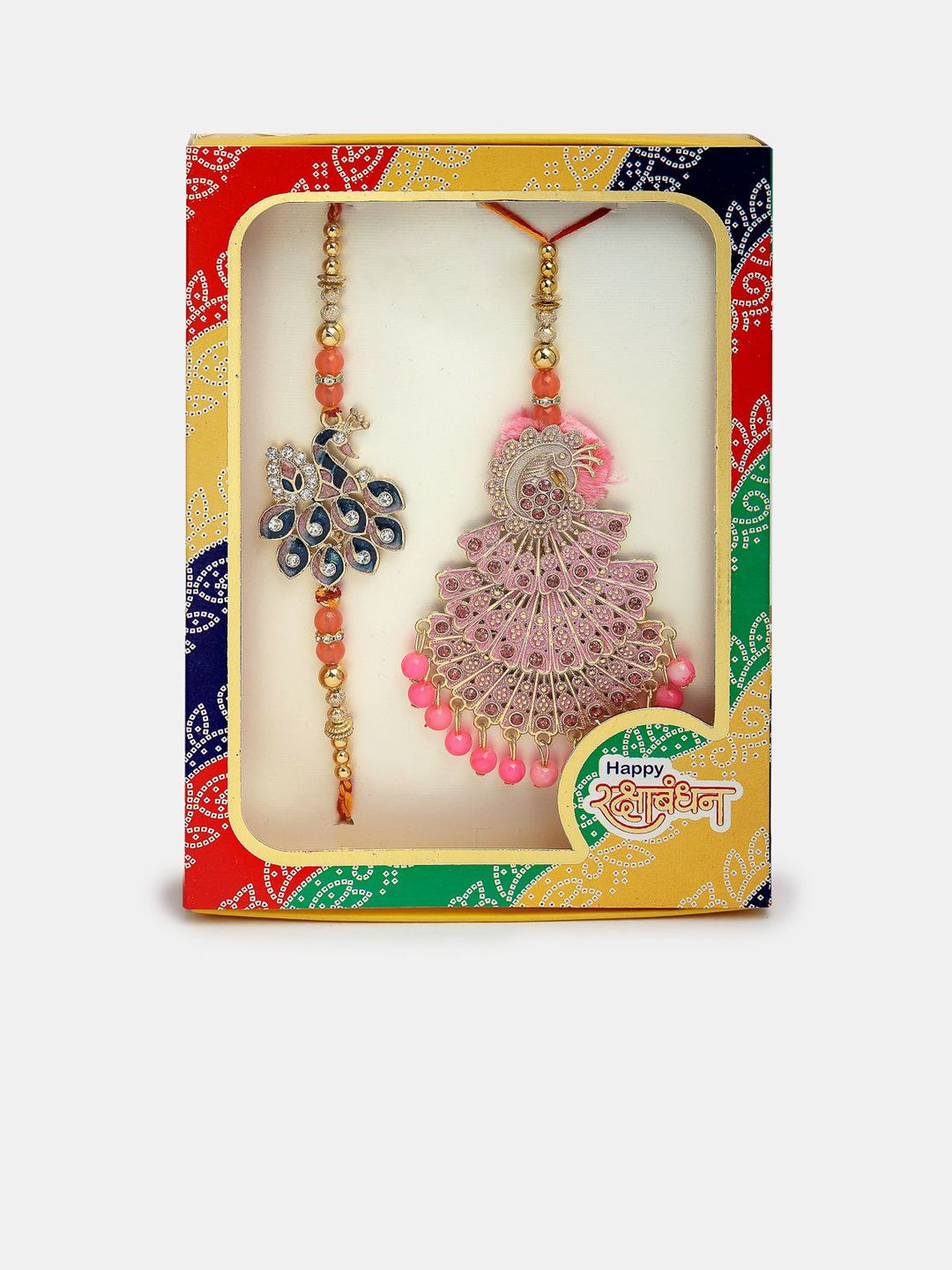 Dhiyona Unisex Set Of 2 Multicolor Peacock Design Stone & Beaded Bhaiya Bhabhi Rakhi