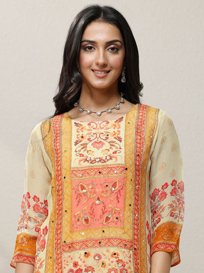 Dhiyona LL Women Floral Printed Regular Mirror Work Kurta with Palazzos & With Dupatta