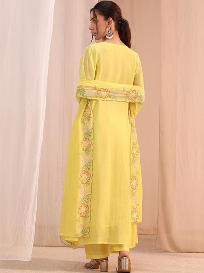Women Floral Embroidered Empire Thread Work Chanderi Cotton Kurta with Trousers & With Dupatta