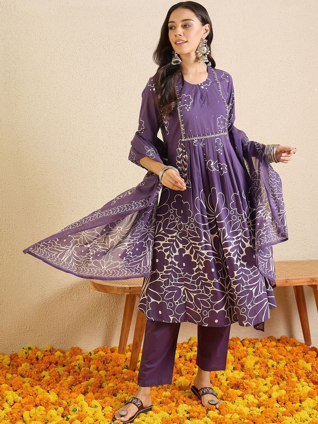Women Ethnic Motifs Printed Regular Beads and Stones Pure Cotton Kurta with Trousers & With Dupatta