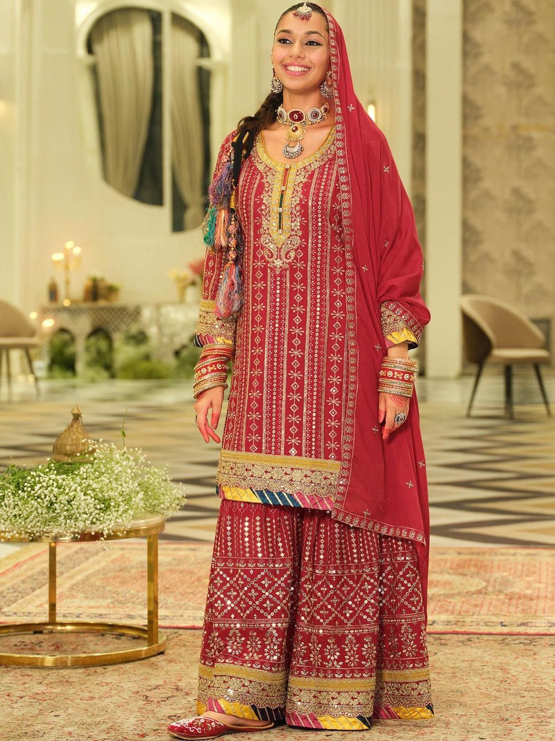 Dhiyona IE Ethnic Motifs Embroidered Straight Sequinned Kurta With Sharara & Dupatta
