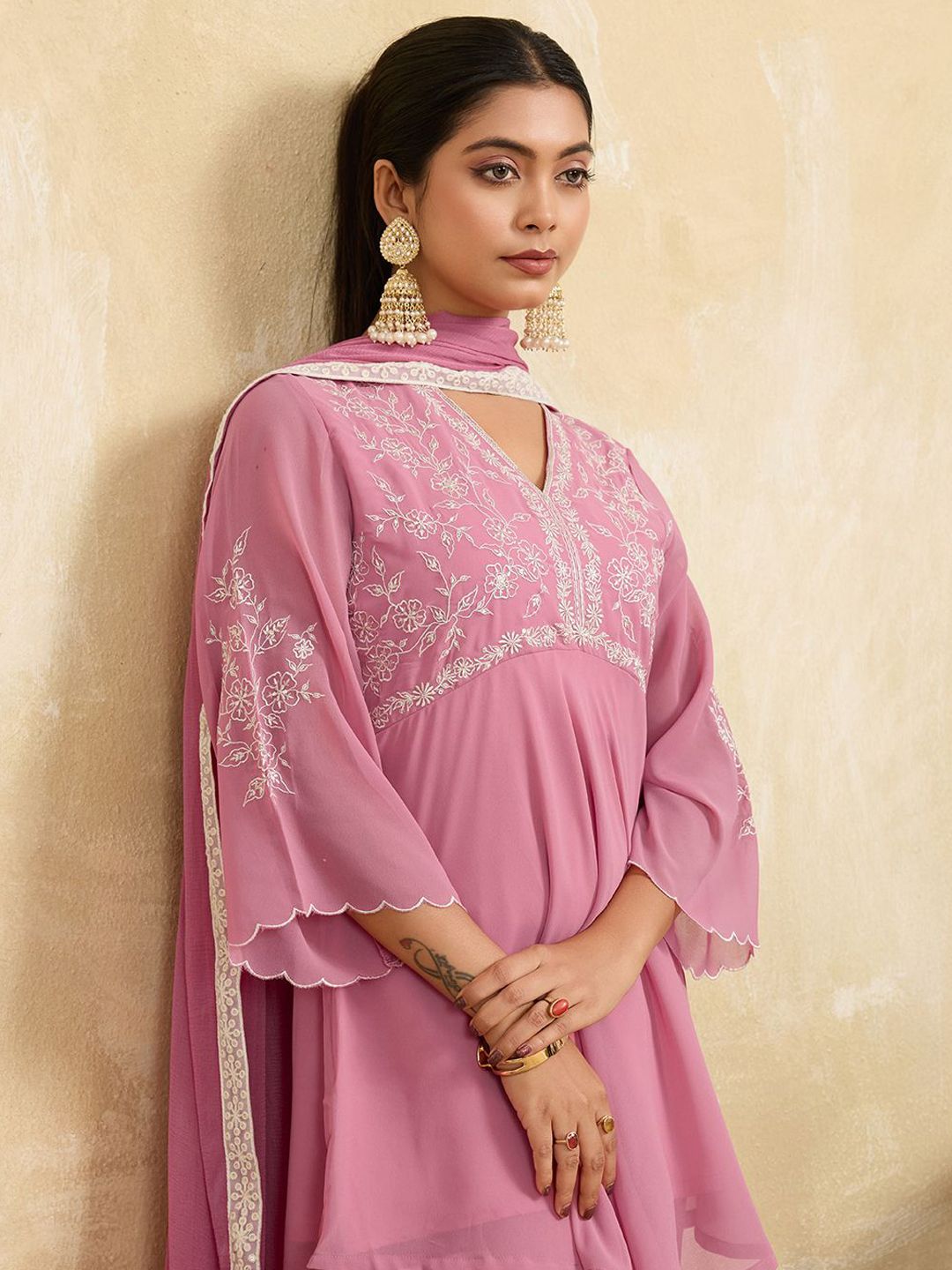 Dhiyona HOP Women Floral Embroidered A-Line Kurta with Sharara & Dupatta