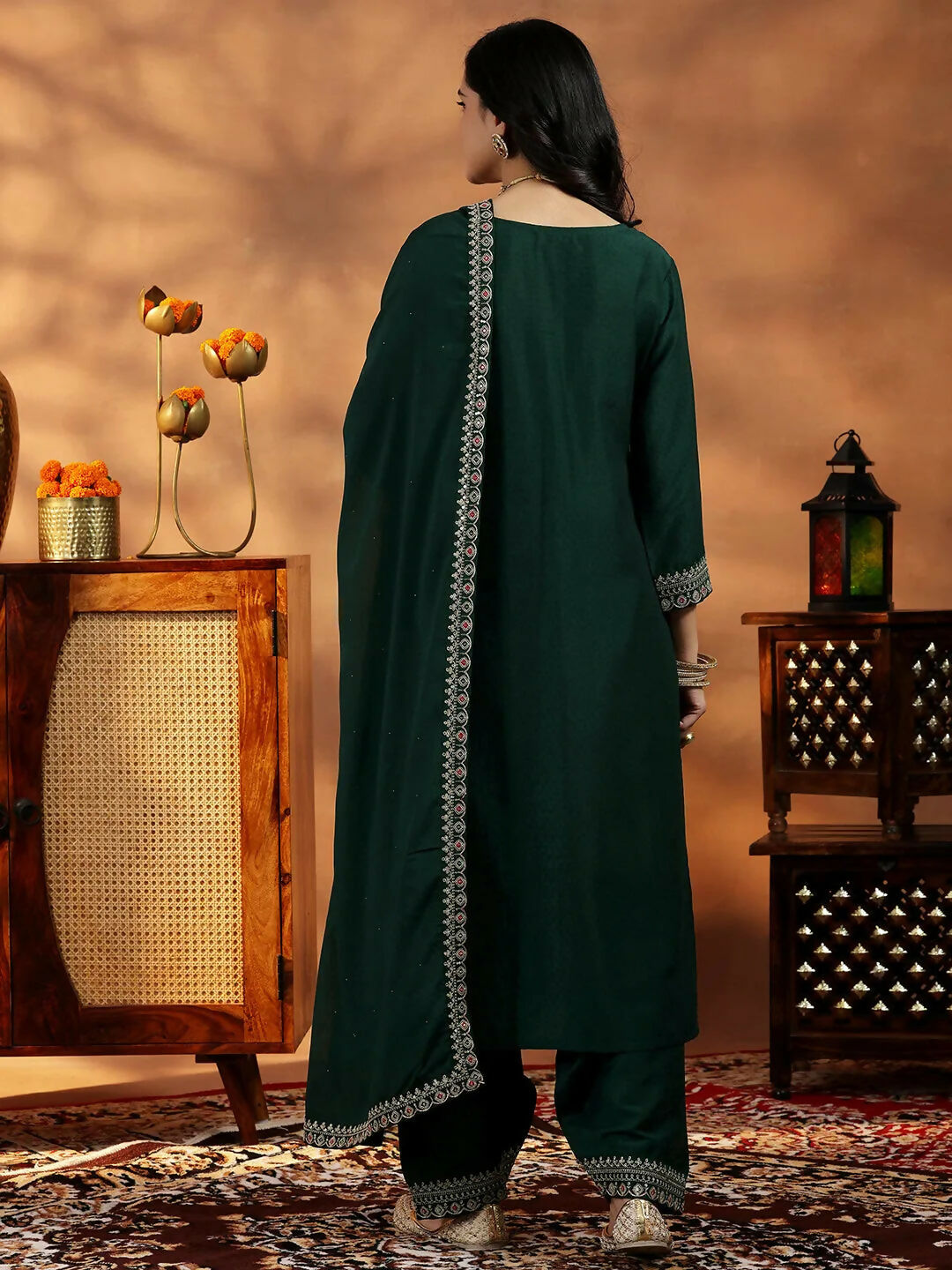 Women's LB Green Embroidered Silk Blend Straight Suit With Dupatta