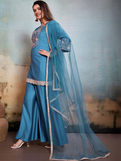 Dhiyona HOP Embroidered V-Neck Kurti Sharara & Dupatta