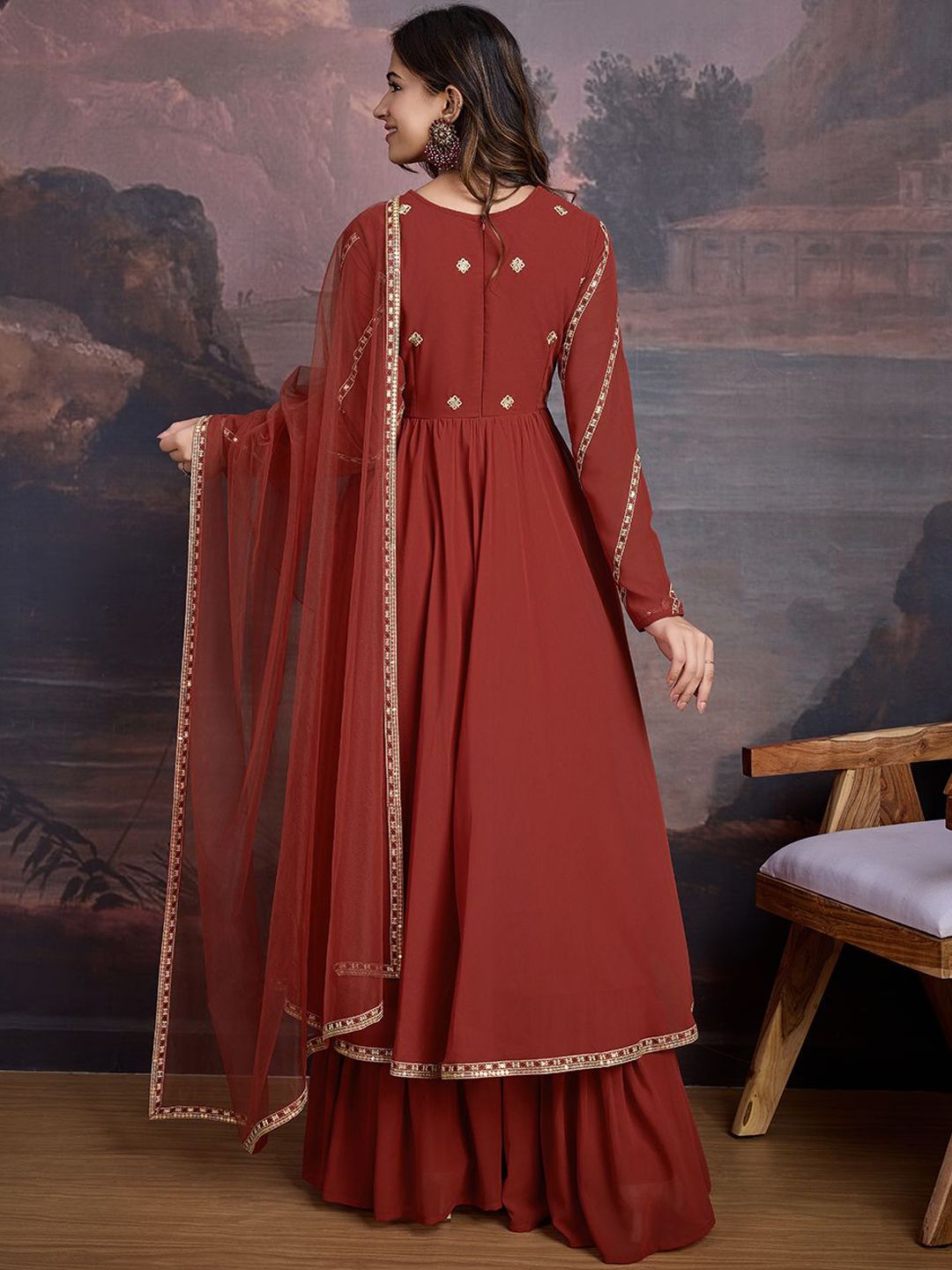 Dhiyona HOP Floral Embroidered Sequinned Georgette Kurta With Sharara & Dupatta