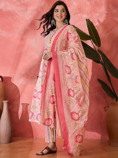 Printed Pure Cotton Round Neck Kurta & Trousers Kurta Sets
