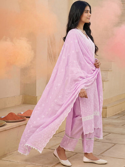 Women Embroidered Regular Chikankari Pure Cotton Kurta with Trousers & With Dupatta