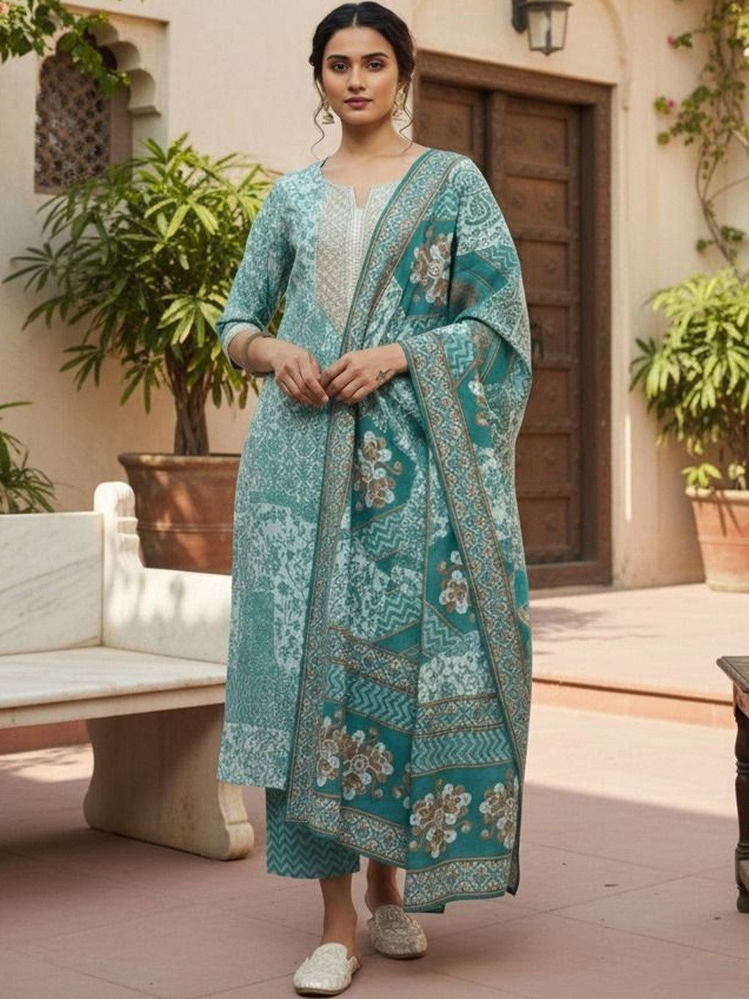 Women Ethnic Motifs Printed Regular Thread Work Kurta with Trousers & With Dupatta