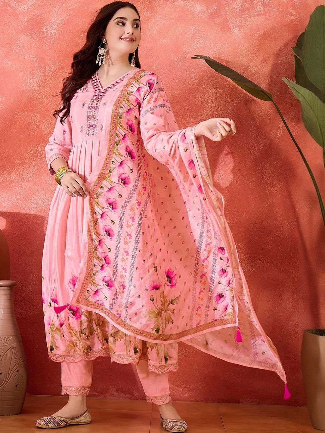 Dhiyona CH Women Floral Embroidered Anarkali Kurta with Trousers & Dupatta