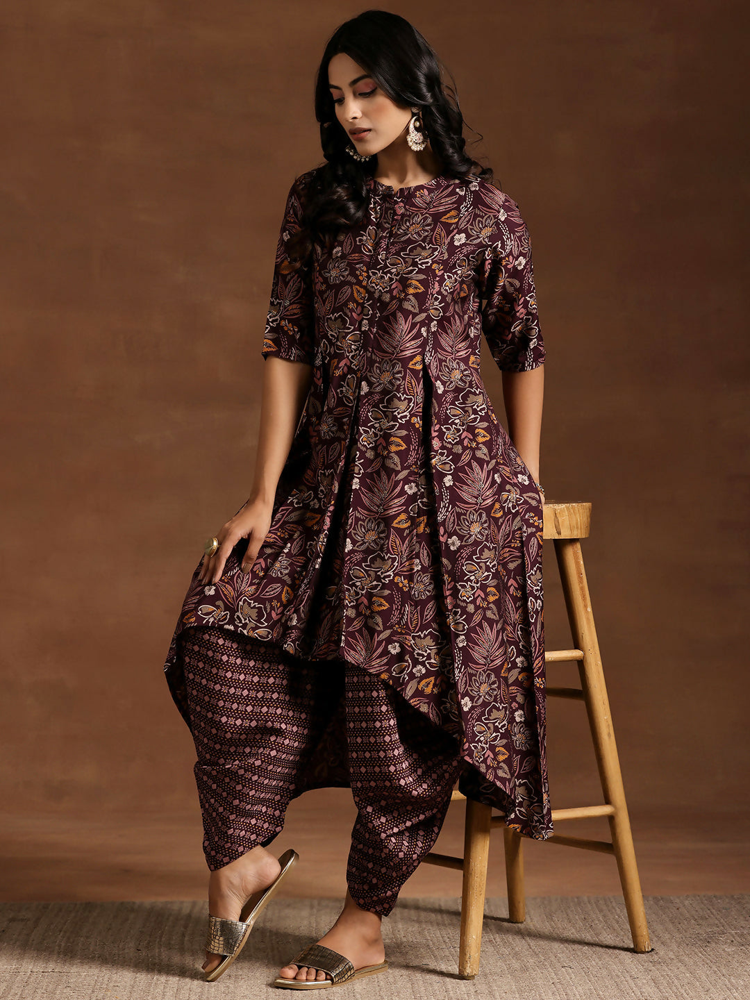 Women's LB Wine Printed Silk Blend A-line Kurta With Salwar