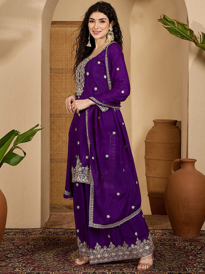 Ethnic Motifs Embroidered Gotta Patti Straight Kurta & Palazzos With Dupatta