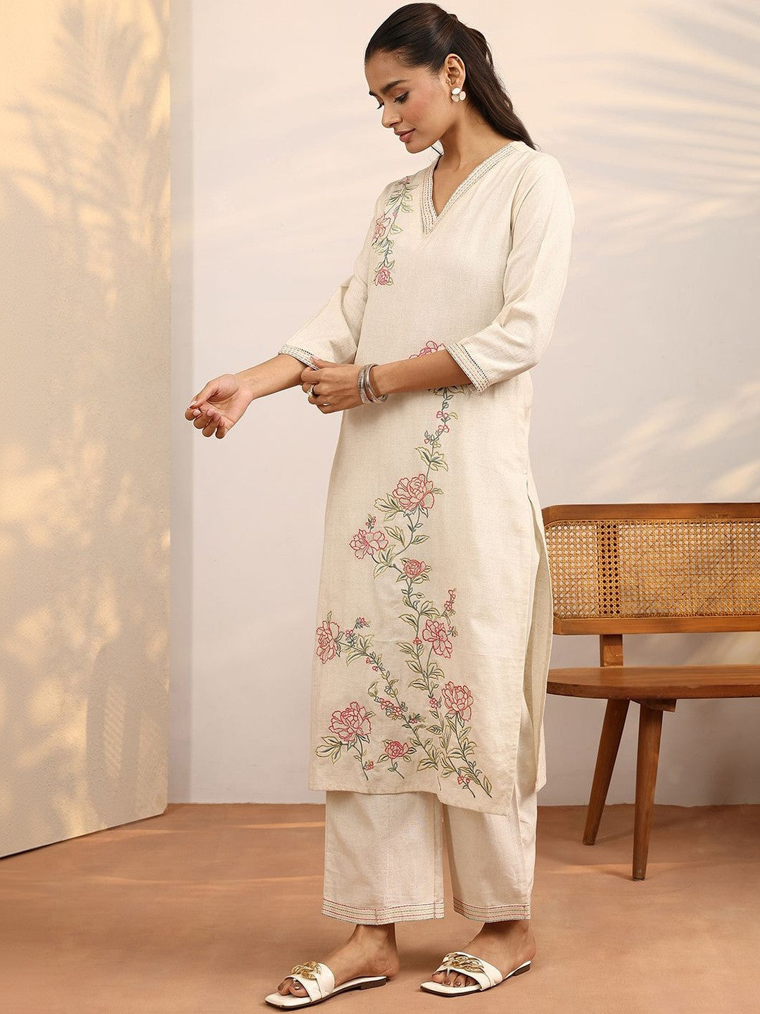 Off White Floral Embroidered Straight Kurta Set