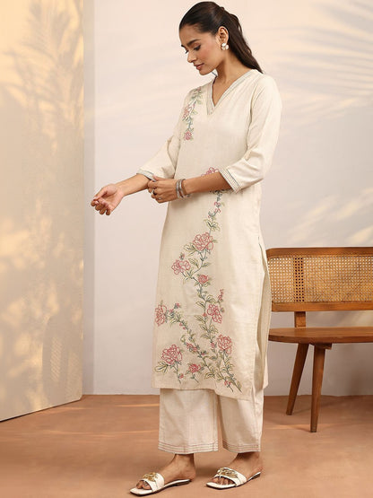 Off White Floral Embroidered Straight Kurta Set