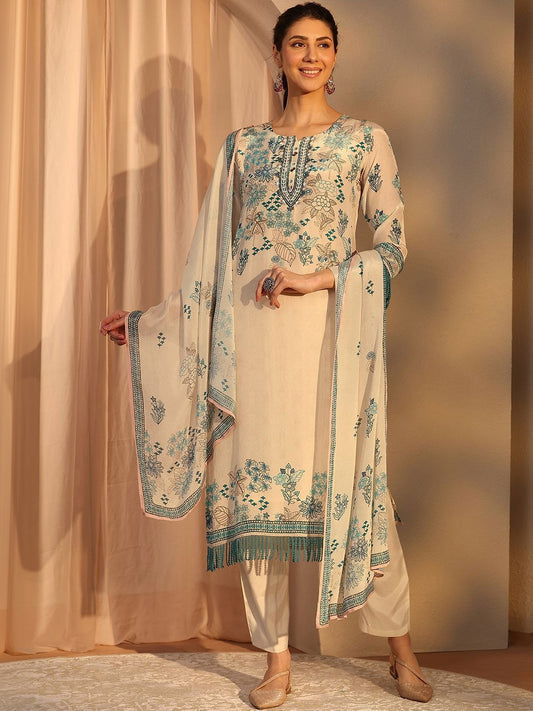 Off White Floral Printed Crepe Straight Suit Set With Dupatta