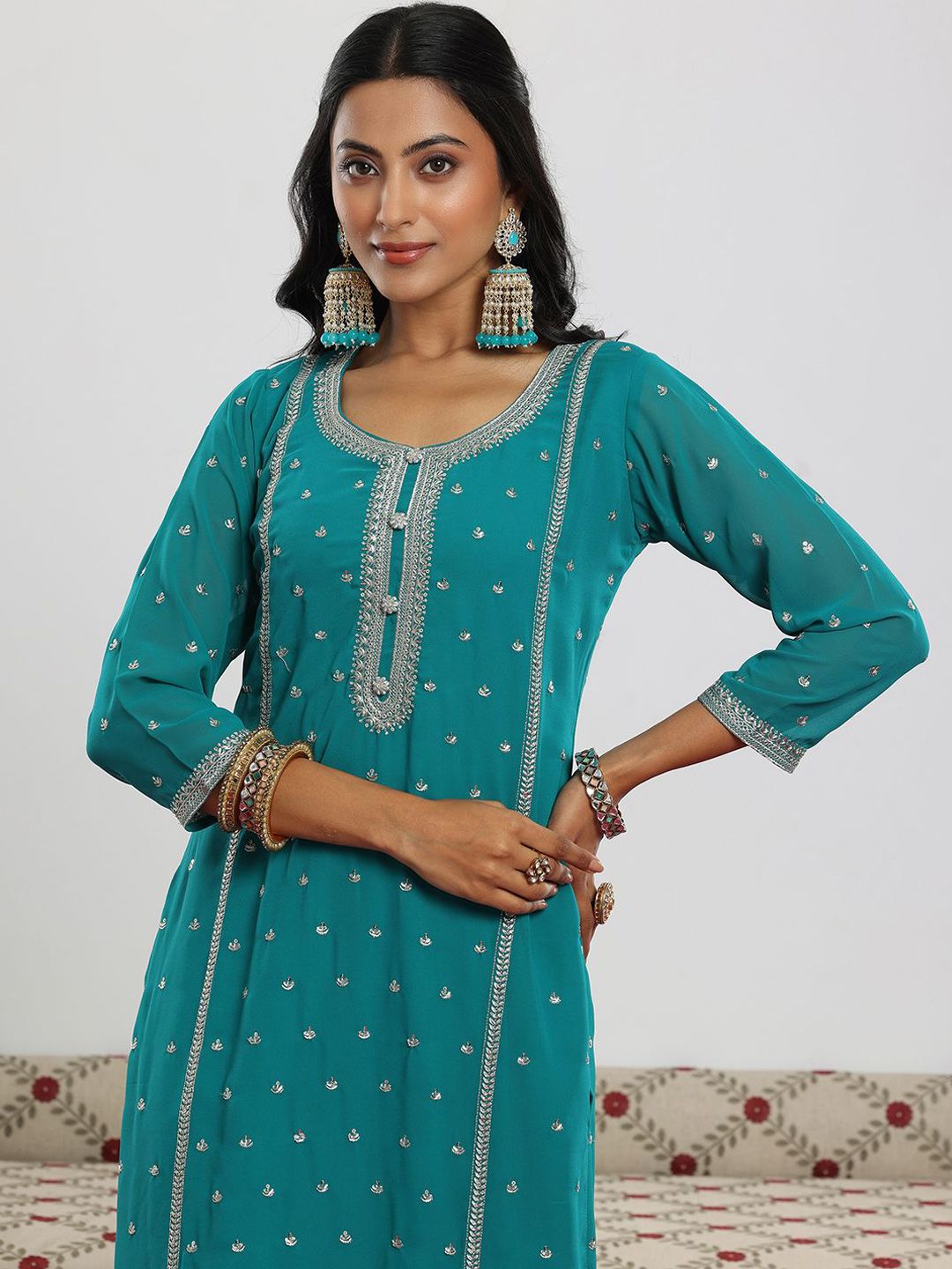 Dhiyona LL Rama Women Ethnic Motifs Embroidered Kurta with Palazzo & Dupatta