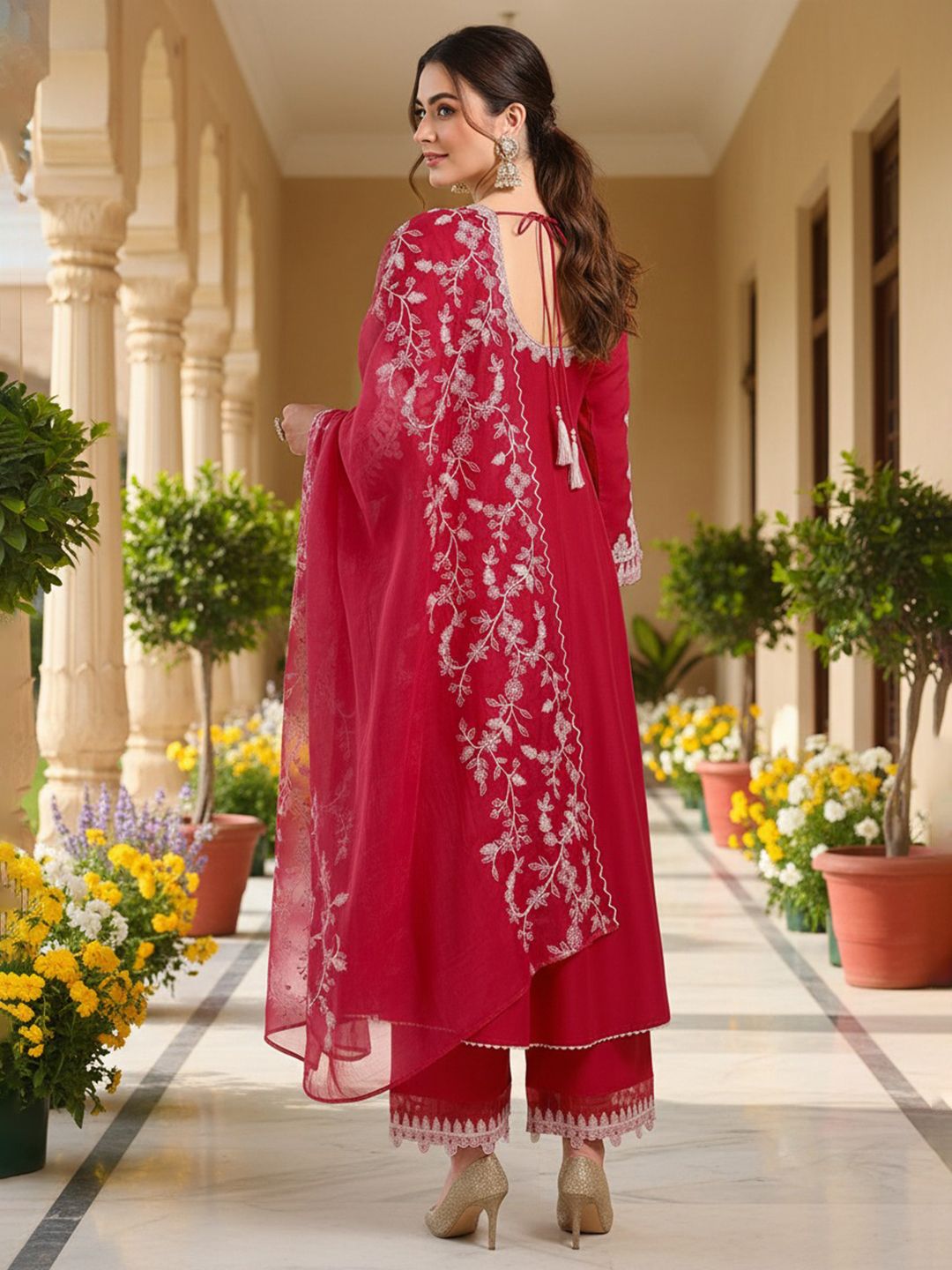 Dhiyona KL Floral Embroidered Anarkali Kurta with Trousers & Dupatta