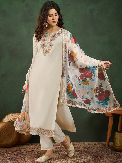 Notch Neck Embroidered Straight Kurta Set
