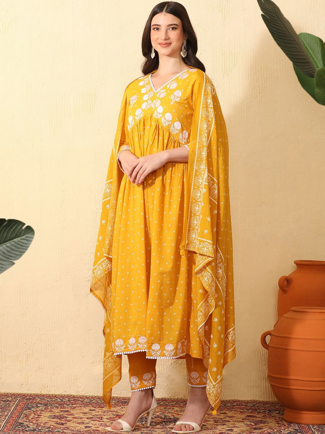 Dhiyona SN Women Ethnic Motifs Printed Empire Thread Work Pure Cotton Kurta with Trousers & With Dupatta