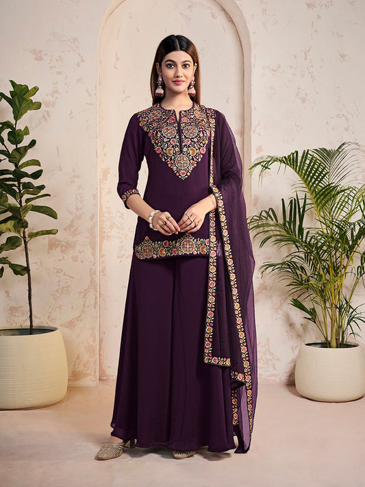 Dhiyona IN Ethnic Motifs Embroidered Thread Work Georgette Kurta With Sharara And Dupatta