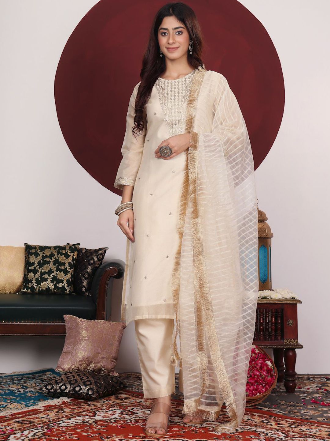 Dhiyona VA Cream-Coloured Floral Embroidered Sequined Kurta With Palazzos & Dupatta