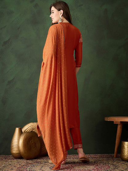 Zari Sequence Embroidered Straight Kurta & Trouser With Dupatta