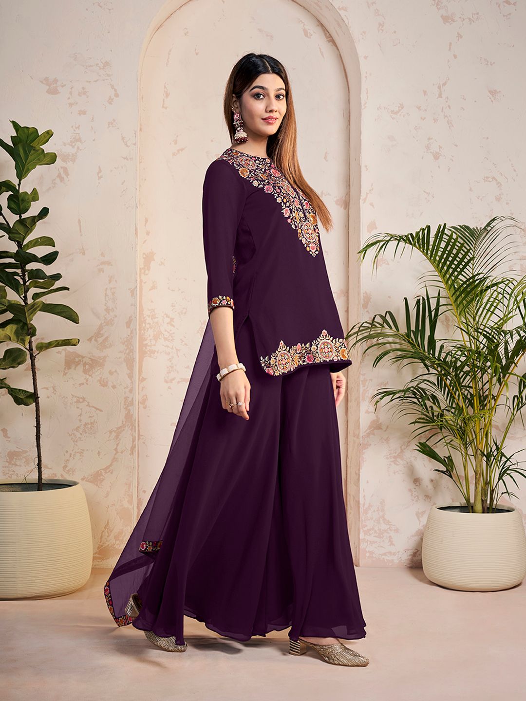 Dhiyona IN Ethnic Motifs Embroidered Thread Work Georgette Kurta With Sharara And Dupatta