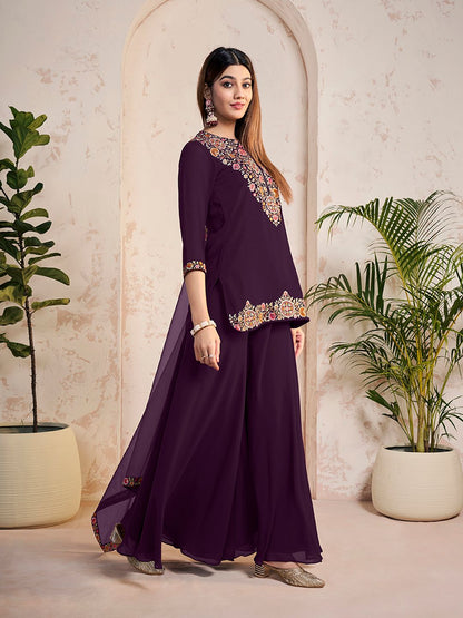 Dhiyona IN Ethnic Motifs Embroidered Thread Work Georgette Kurta With Sharara And Dupatta