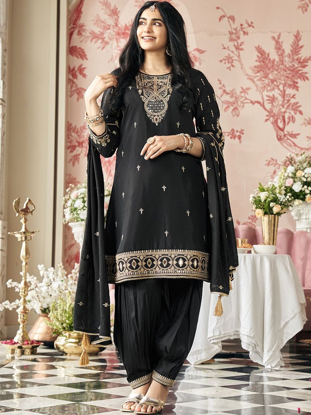 Dhiyona CH Floral Embroidered Straight Sequinned Kurta With Dhoti Pants & Dupatta