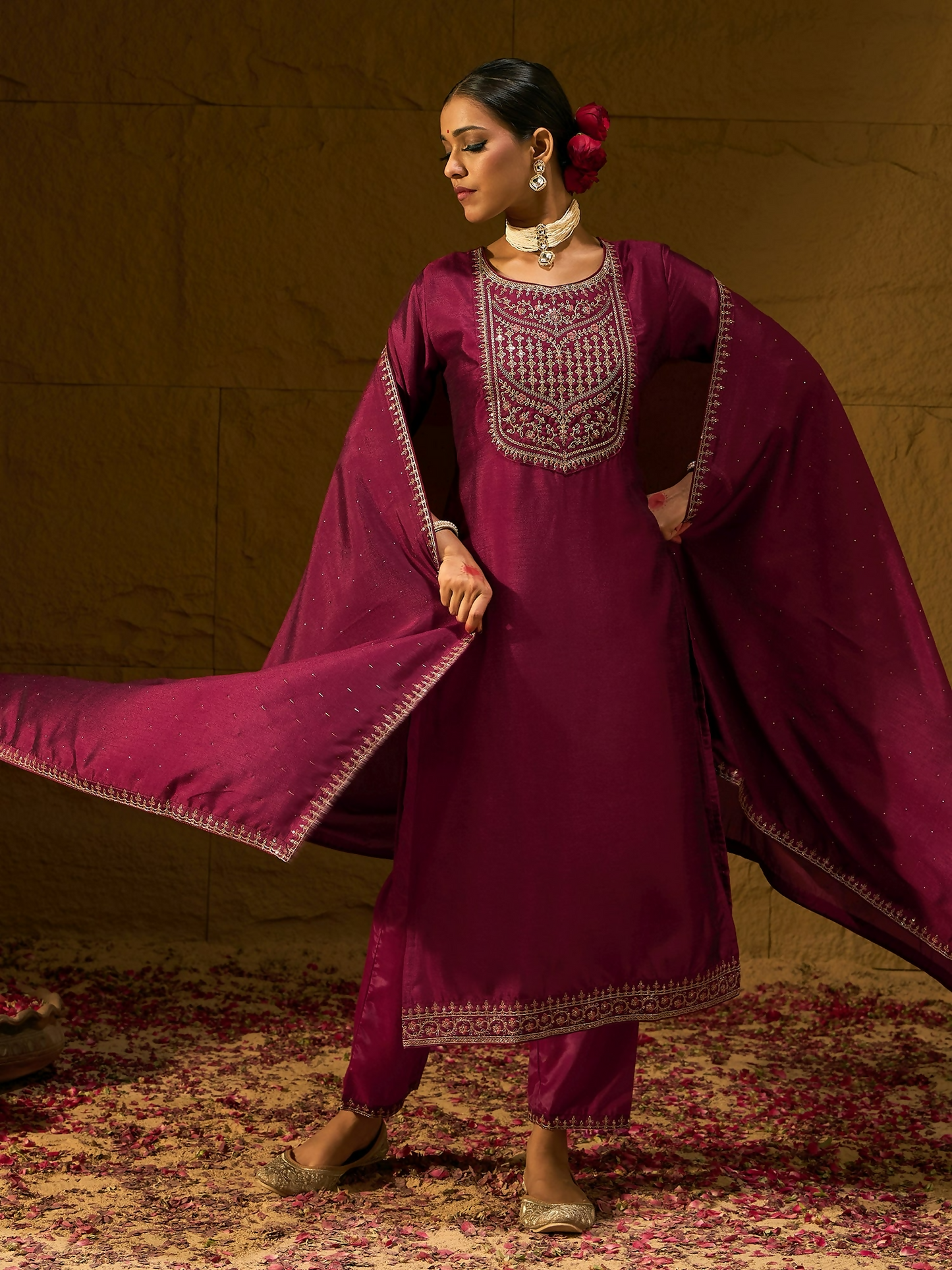 Women's Maroon Embroidered Straight Kurta Trousers With Dupatta set