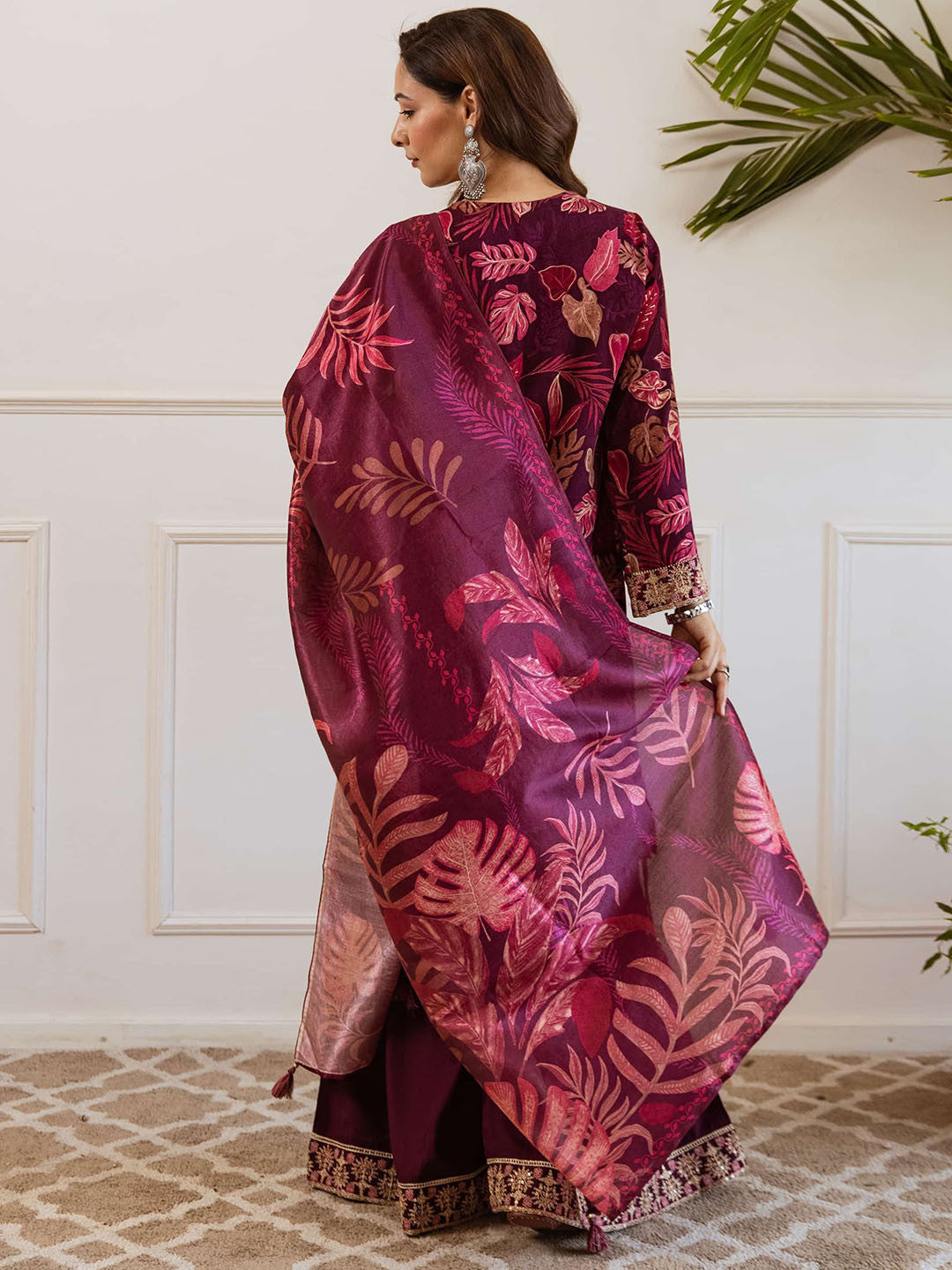 Floral Printed Straight Thread Work Kurta With Palazzos & Dupatta