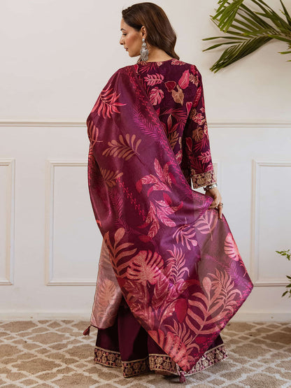 Floral Printed Straight Thread Work Kurta With Palazzos & Dupatta