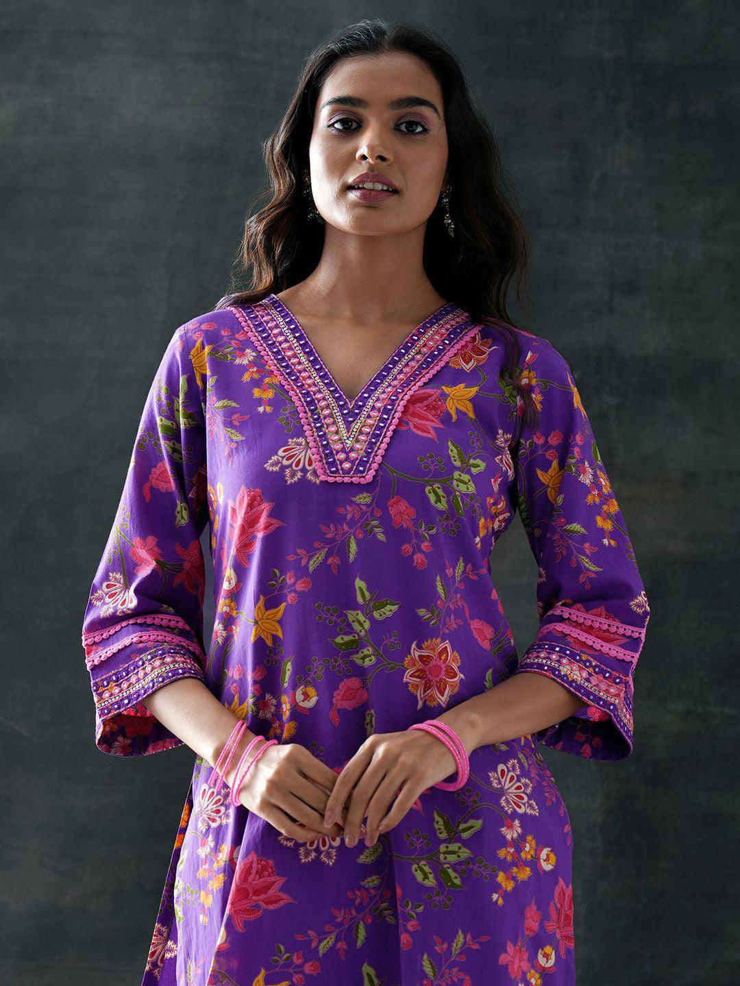 Floral Printed V-Neck Straight Kurta With Trouser & Dupatta