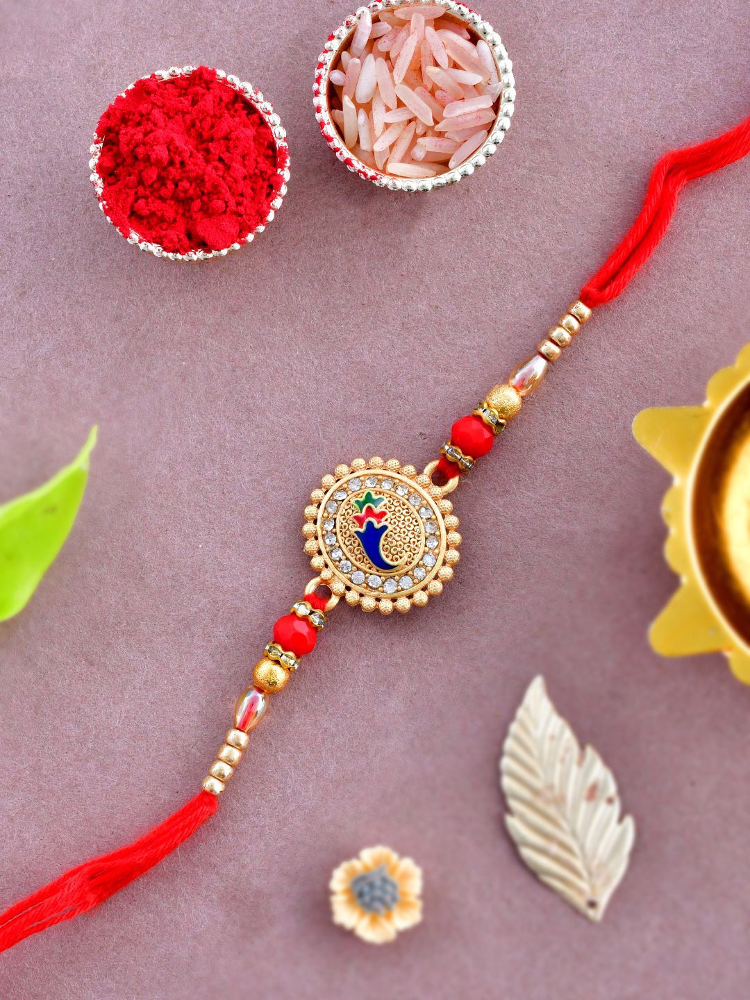 Dhiyona Gold-Toned Stone-Studded & Beaded Rakhi With Roli Chawal & Greeting Card