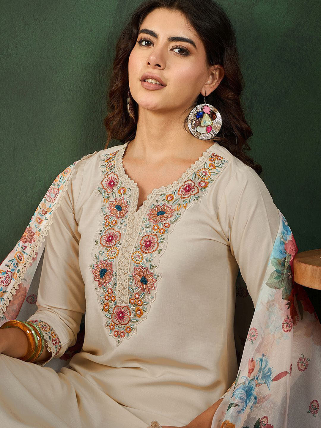 Notch Neck Embroidered Straight Kurta Set