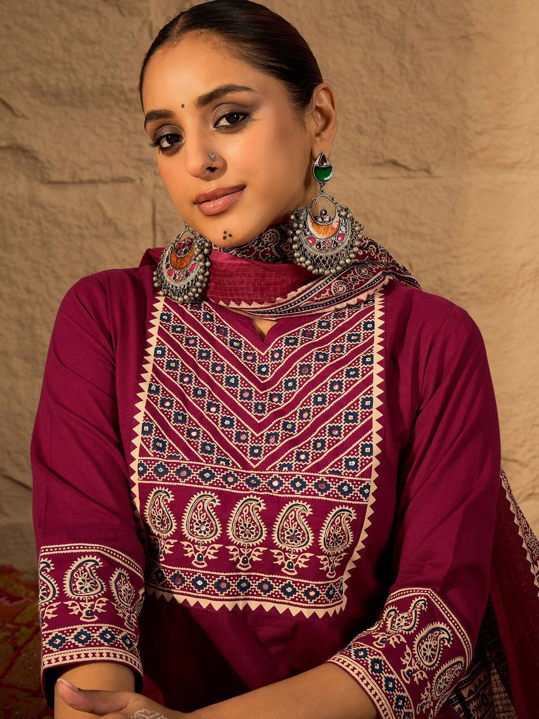 Dhiyona IE Yoke Design Printed Notch-Neck Cotton Straight Kurta With Trousers And Dupatta